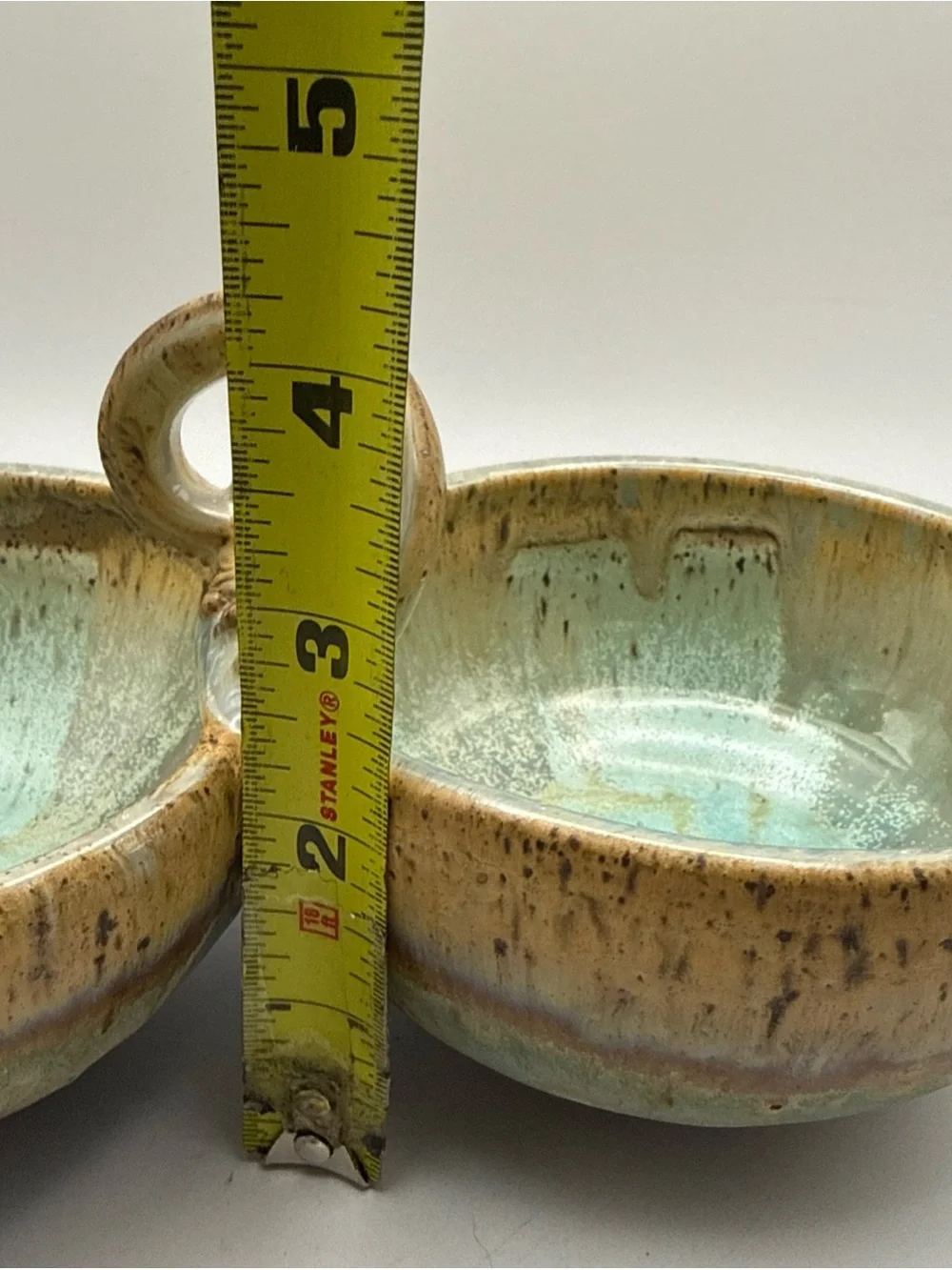 Studio Handmade Pottery Double Serving Dish Aqua Blue Periwinkle & Brown Signed
